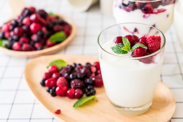 greek yogurt with mixed berries. 