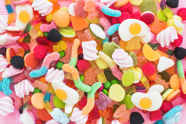 assortment of gummy and sugary candy.