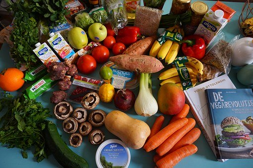 Food and vegetables on a table