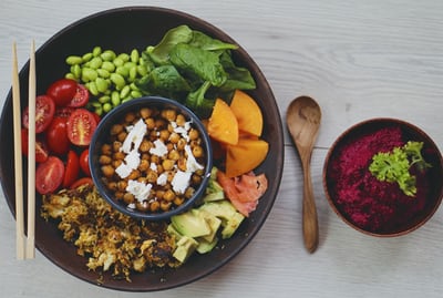 Veggies and fish bowl